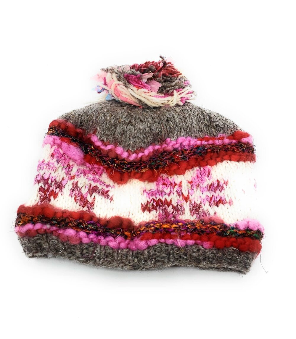 2258 Hand Knit Wool Warm Beanie Hat Fleece Lined Snowflake Pattern Handmade